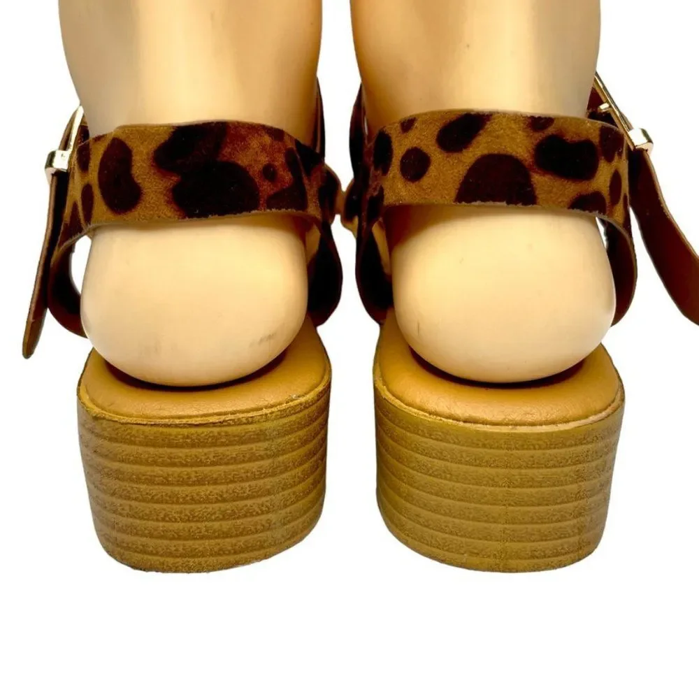 Bamboo Womens Brown Animal‎ Print Faux Leather Strappy Flatform Sandal Size 7.5